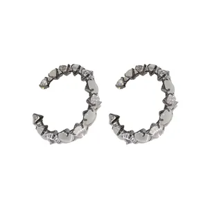 Elegant silver needle hoop earrings with zircon and cat's eye stone inlay