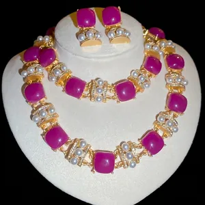 Vintage Square Purple Resin Jewelry Set With Artificial Pearl Rhinestone Gold Alloy Necklace Bracelet Stud Earrings For Women