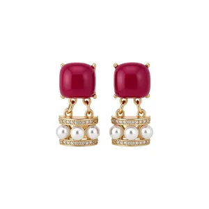 Vintage gold-plated earrings with red resin tops, pearls and pavé-set crystals