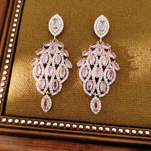 Orecchini a Goccia in Rame Vintage Zirconia Rosa a Foglia Con Perno in Argento Lussuosi Orecchini Pendenti Intarsiati Botanici Gioielli