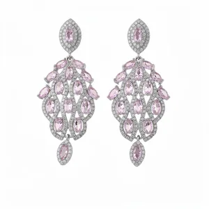 Orecchini pendenti vintage in argento con pietre rosa marquise e pavé di zirconi