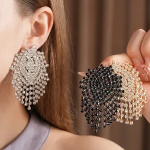 Oversized luxury geometric tassel earrings with glittering rhinestones for women