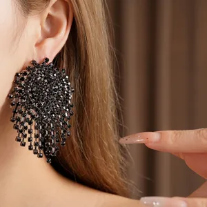 Oversized black rhinestone tassel earrings with a geometric fringe design for women