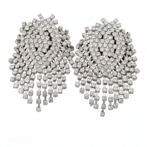 Luxury sparkling silver geometric rhinestone tassel drop earrings with a vintage style