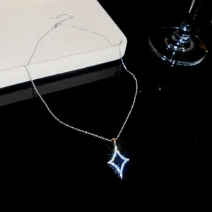 Sparkling zircon four-pointed star pendant necklace with elegant silver-tone chain
