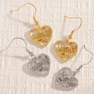 Detailed view of copper zircon inlaid heart earrings with MAMA design for Mother's Day