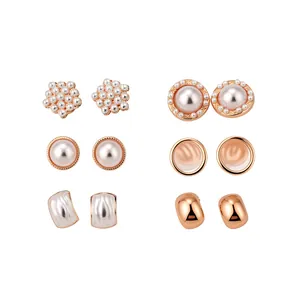Juego de 6 pares de pendientes minimalistas de oro rosa con perlas y broches de cristal mujer