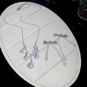 Vintage French style zircon and pearl necklace and earring jewelry set for women