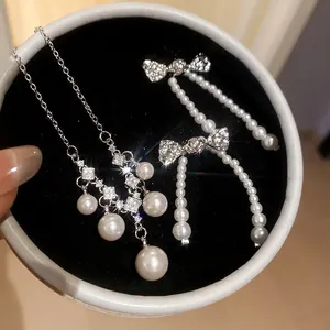 Elegant French vintage pearl and zircon necklace with bowknot earrings jewelry set