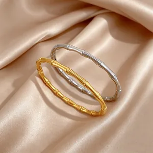 Brazalete de Acero Inoxidable Minimalista con Nudo de Bambú Liso Joyería de Muñeca de Acero de Titanio Vintage para Mujer