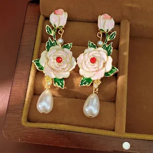 Vintage Neo-Chinese Rose Flower Drop Earrings With Artificial Pearl And Rhinestone For Women Elegant Jewelry