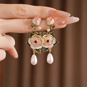 Vintage enamel rose earrings with pearls and silver needles, elegant floral jewelry