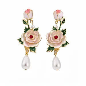 Vintage enamel rose drop earrings with pearls and red gemstone detail