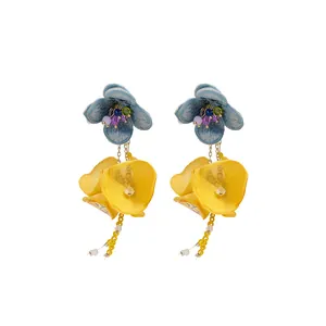 Fresh blue and yellow chiffon flower earrings with crystal tassels and silver needles