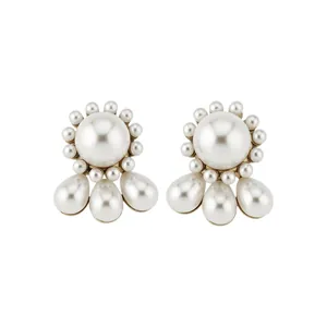 French vintage gold stud earrings featuring round and teardrop pearl clusters for women.