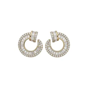 Elegant gold round earrings with pave zircon baguette and round cut stones for women