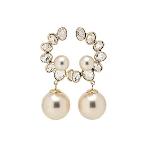 Elegant French vintage gold-toned stud earrings with clear crystals and large hanging pearls
