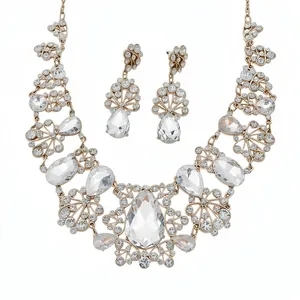 Parure de bijoux vintage avec collier et boucles d'oreilles fleurs en strass pour femme