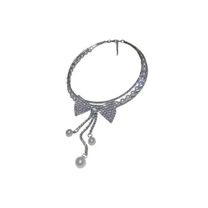 Sparkling rhinestone bow tassel pearl necklace for elegant evening dresses and parties