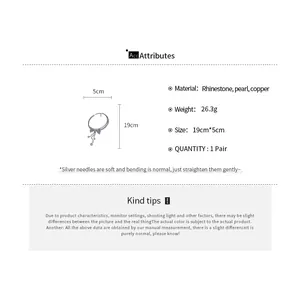 Product details for rhinestone bow tassel pearl necklace with size and weight info