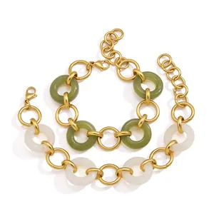 High-quality stainless steel gold chunky chain bracelet featuring green and white resin rings