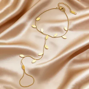 Exquisite gold-plated stainless steel hand harness featuring dainty oval leaf charms
