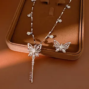 Butterfly Key Pendant Necklace Or Ring Zirconia Flower Sweater Chain Jewelry For Women Elegant Copper Inlaid Zirconia Accessories