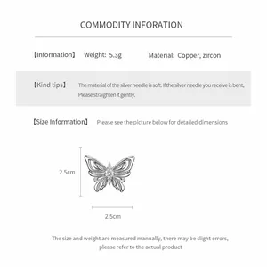 Silver butterfly pendant with zircon inlay showing 2.5cm size and 5.3g weight details
