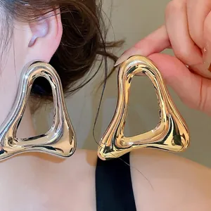 Vintage Metal Triangle Hollow Stud Earrings With Silver Earring Post Glossy Exaggerated Geometric Earrings For Women Jewelry