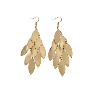Elegant gold leaf tassel hook earrings with vintage metallic texture