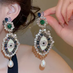 French Retro Alloy Rhinestone Eye Pearl Drop Earrings Court Style Exaggerated Gold Multicolor Earrings For Women Jewelry