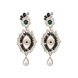 Vintage gold-plated evil eye drop earrings with colorful crystals and white teardrop pearls