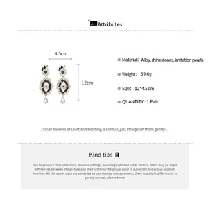 Detailed specifications of retro evil eye pearl earrings with 12x4.5cm dimensions