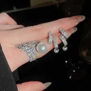 Elegant Zirconia Artificial Pearl Jewelry Set Silver Plated Copper Inlaid Rhinestone Drop Earrings Ring For Wedding Party Women