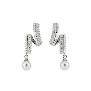 Elegant silver-tone drop earrings featuring zircon stones and white pearls on white background.