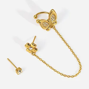 Orecchini a Nappina con Farfalla Ear Cuff in Acciaio Inossidabile Placcato Oro con Strass Catena Lunga Orecchini a Bottone a Fiore per Donna