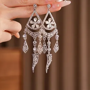 Elegant silver sparkling floral tassel earrings with rhinestone fringe for women