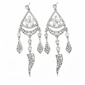 Elegant silver flower tassel earrings with sparkling rhinestones for classic party style.