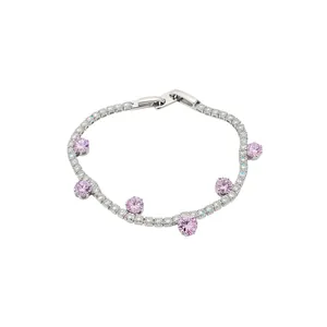 Elegant silver tennis bracelet with sparkling pink and white round cubic zirconia stones