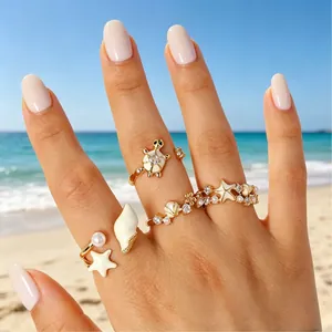 Anillos Abiertos Bañados en Oro Bohemios para Mujer Concha Marina Estrella de Mar Tortuga Ajustable Circonia Perla Artificial Anillo de Dedo para Vacaciones en la Playa