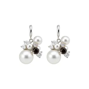 French luxury firework earrings with white pearls and cubic zirconia in a silver-tone setting
