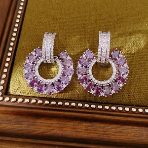 Pendientes de Botón Redondos Con Poste de Plata de Ley 925 Cobre Púrpura Circonia Joyería Mujer Moda Regalo Boda