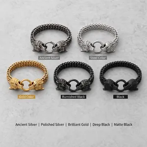 Men's double wolf head stainless steel braided bracelets in five metallic colors