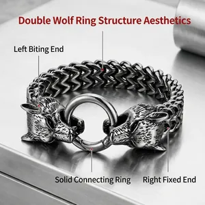 Vintage steel men's bracelet featuring double wolf heads biting a central solid ring