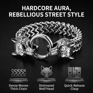 Men's Viking double wolf head bracelet in 304 stainless steel with braided chain links