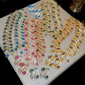 Vintage Harz Strass Oval Patchwork Halskette Ohrringe Schmuckset Luxus Legierung Gliederkette Für Damen Party Bankett Kleid Accessoires