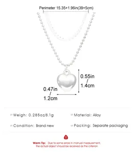 Detailed technical specification of silver heart pendant necklace with size annotations
