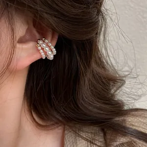 Κομψό πολύστρωτο σκουλαρίκι ear cuff με πέρλες για αυτιά χωρίς τρύπα, γαλλικό στυλ.