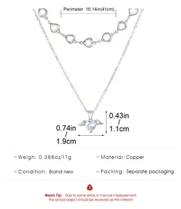 Spécifications détaillées de taille pour un collier cœur argenté double avec des ailes