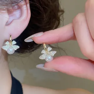 Vintage French style bow pearl hoop earrings with sparkling zircon inlay and silver pins